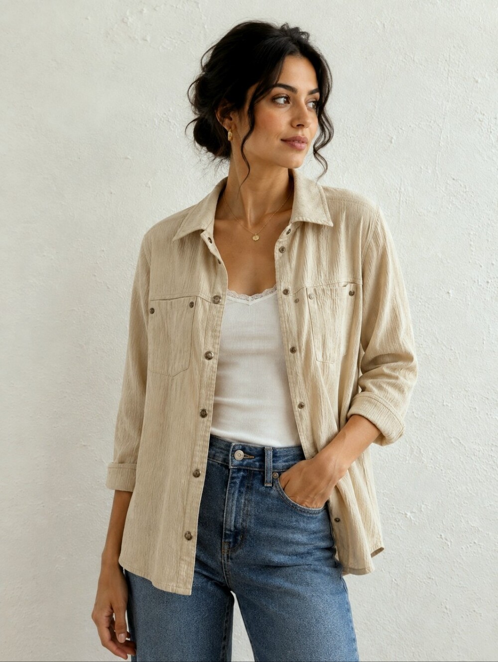 Women Vintage Country Lightweight Button-Up Shirt Jacket in Beige